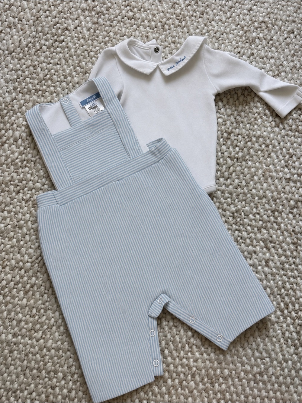 Jacadi White Top and Light Blue Pinstripe Overalls Baby Matching Set